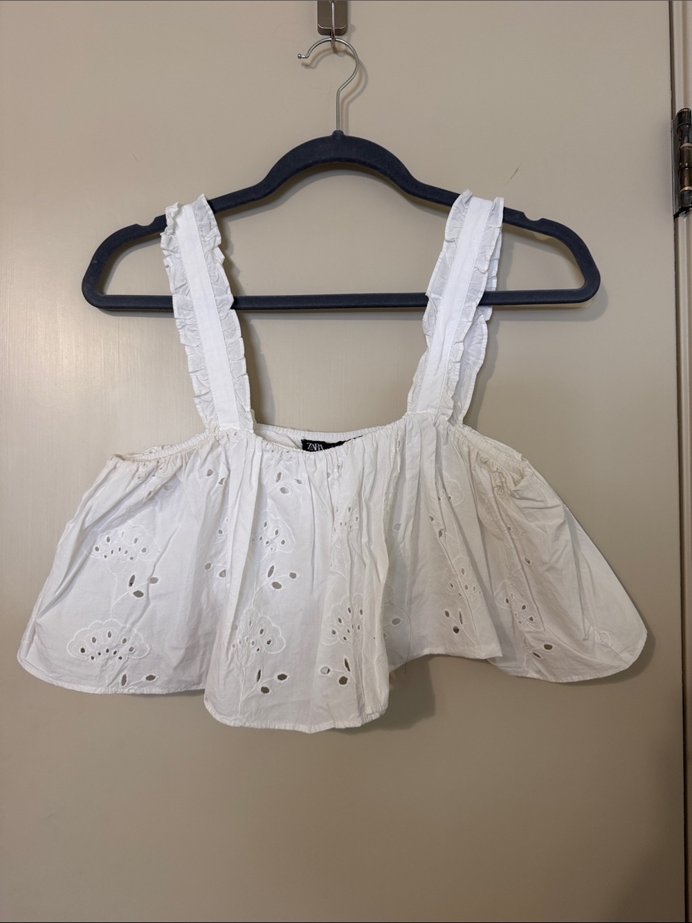 Zara White Eyelet Ruffle Strap Cropped Top